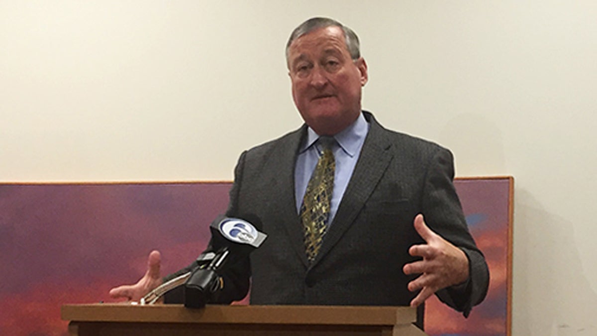 Mayor Jim Kenney speaks to a crowd of state, city, local, and private industry leaders about a new initiative to address health disparities in North Philadelphia. (Irina Zhorov/WHYY) 