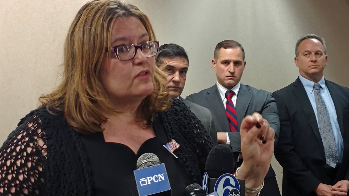 Linda Kerns speaks to reporters in this 2017 file photo taken of the lawyer as she represented the Philadelphia Republican Party,  which was then suing to invalidate the results of a special election in the 197th legislation district. (Katie Colaneri/WHYY) 