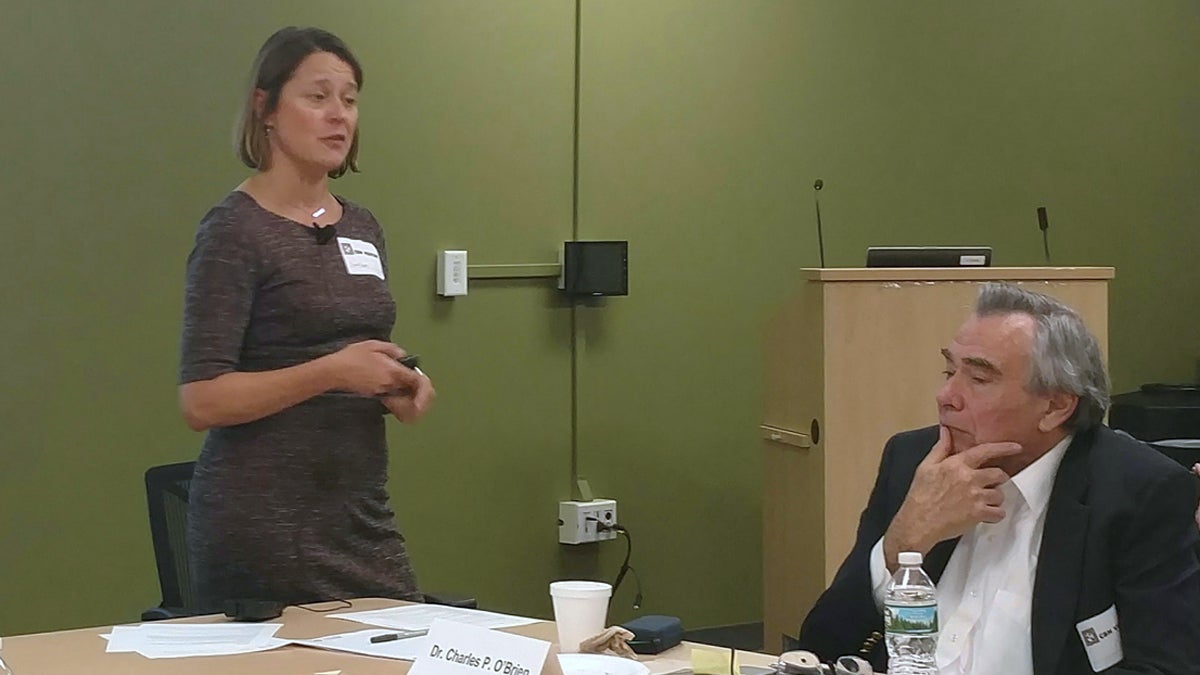 Sarah Evans, a senior program officer at the Open Society Foundations, speaks to Philadelphia's opioid task force in March 2017 about Vancouver's safe injection site. (Katie Colaneri/WHYY) 