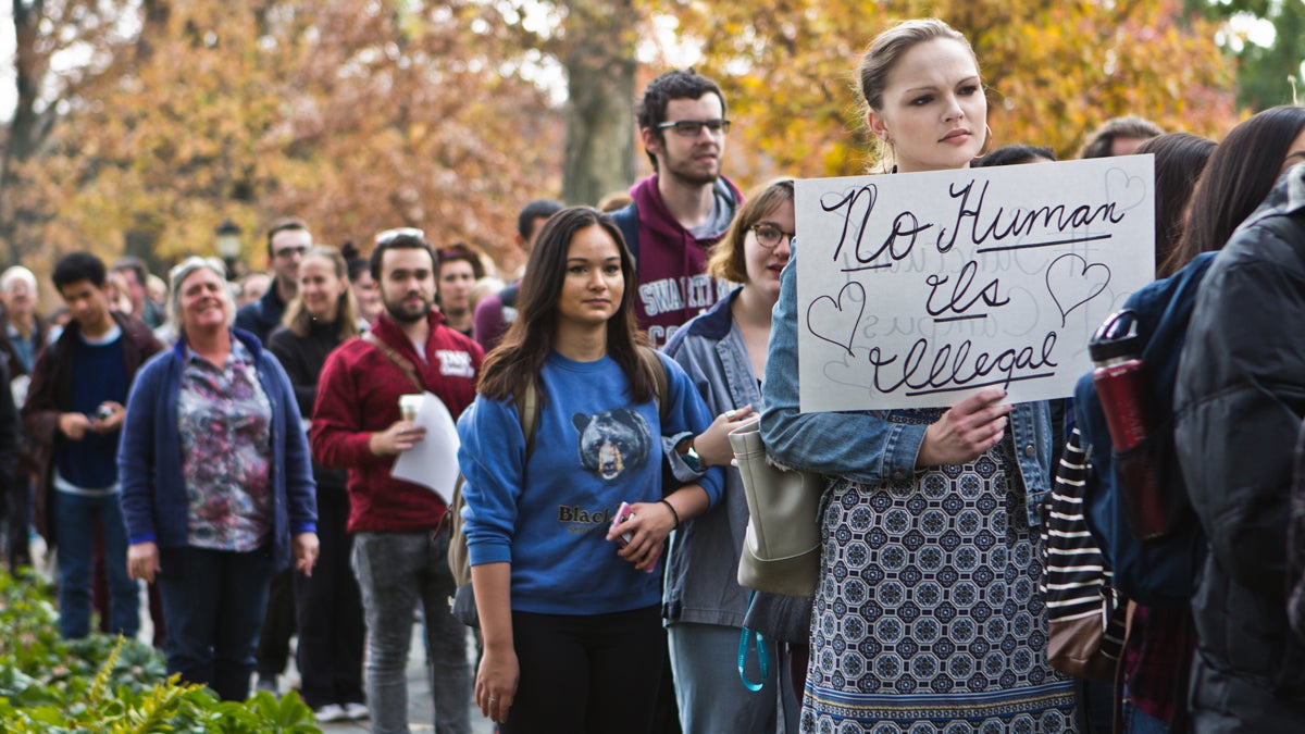  Students walk out to demand Swarthmore College become a sanctuary campus. (Kimberly Paynter/WHYY) 