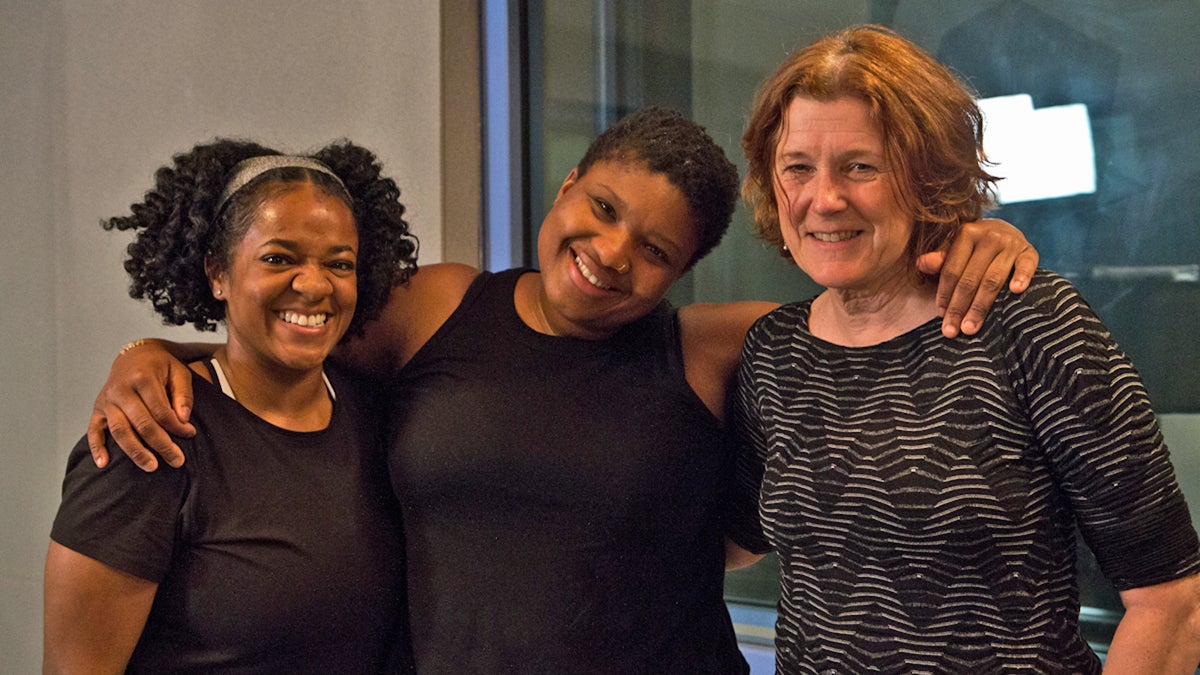  (From left) Radio Times producer Trenae Nuri; author and yogi Jessamyn Stanley; and Radio Times host Marty Moss-Coane pose for a photo at WHYY in Philadelphia (Kimberly Paynter/WHYY) 