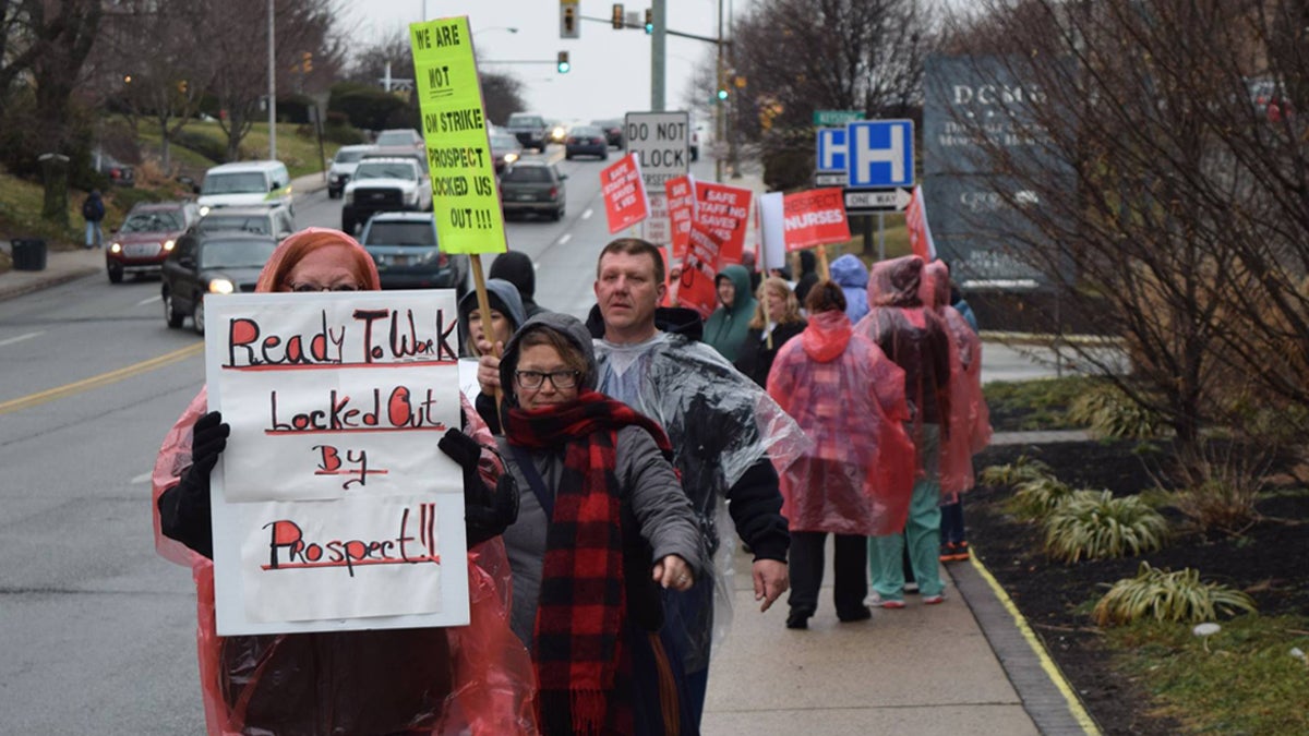  Nurses and technical staff at Delaware County Memorial Hospital protested during contract negotiations with the hospital's new owners, Prospect Medical Holdings, in March. (PASNAP via Facebook) 