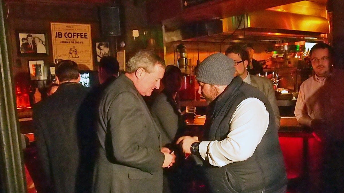  Former Philadelphia councilman and current mayoral candidate Jim Kenney (left) speaks with an attendee at an event held by the Philadelphia Democratic Progressive Caucus (Shai Ben-Yaacov/WHYY) 