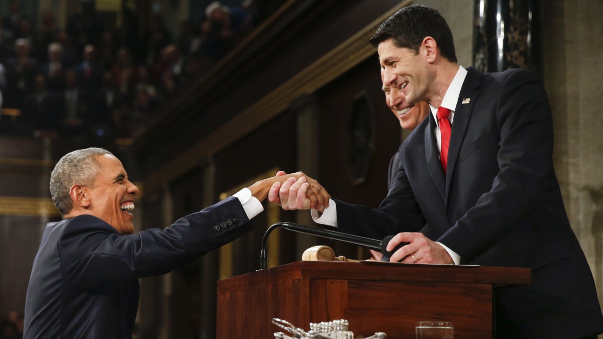  President Barack Obama shakes hands with Speaker Paul Ryan of Wisconsin before the State of the Union address before a joint session of Congress on Capitol Hill in Washington, Tuesday, Jan. 12, 2016. (AP Photo/Evan Vucci, Pool) 