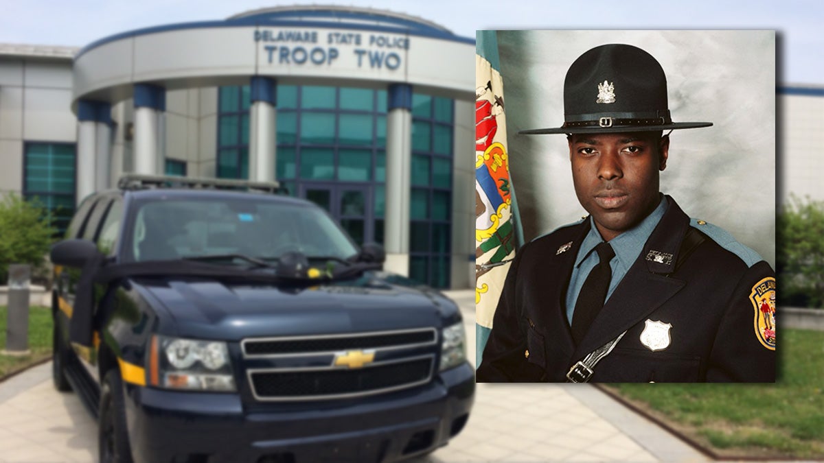  Cpl. Stephen Ballard was killed outside a Wawa store in Bear Wednesday afternoon. (inset photo courtesy  Del. State Police; Troop Two photo: Shirley Min/WHYY) 