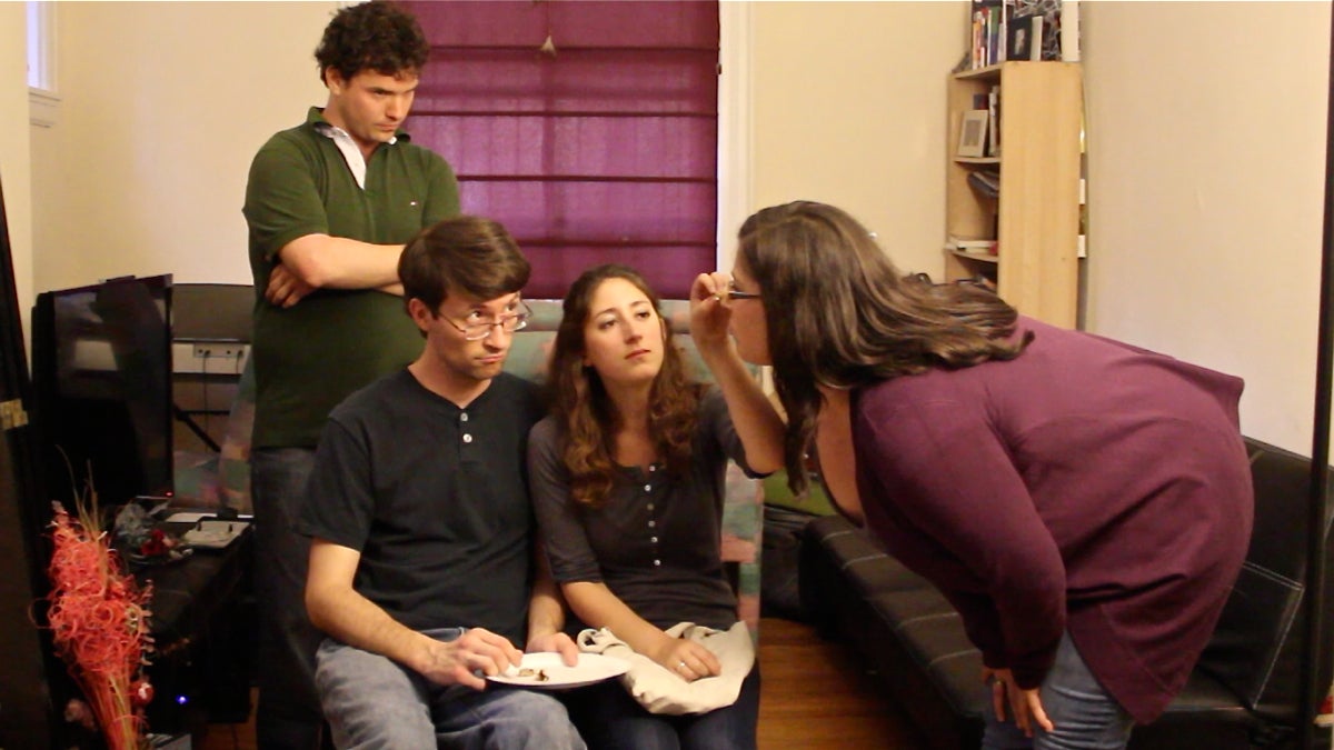  Actors (from left) Kevin Rodden, Hank Corry, Slade Roff and Katherine Perry rehearse for the One-Minute Play Festival. Sixty actors in 10 groups will perform 90 plays written by 60 playwrights. (Emma Lee/WHYY) 