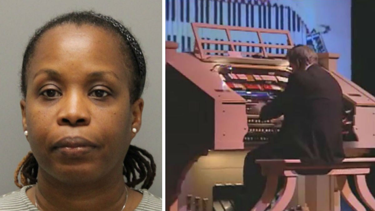  Patricia Nicholas-Lundy is charged with felony theft from the Dickinson Theatre Organ Society where she worked as treasurer. (left photo courtesy Del. State Police; organ photo: File/WHYY) 