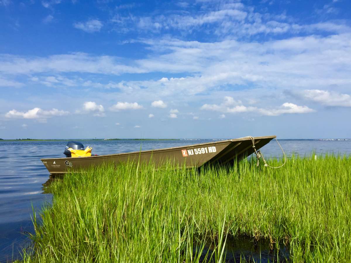 The small boat Ben Wurst uses on his osprey survey and banding missions. (Justin Auciello for WHYY)