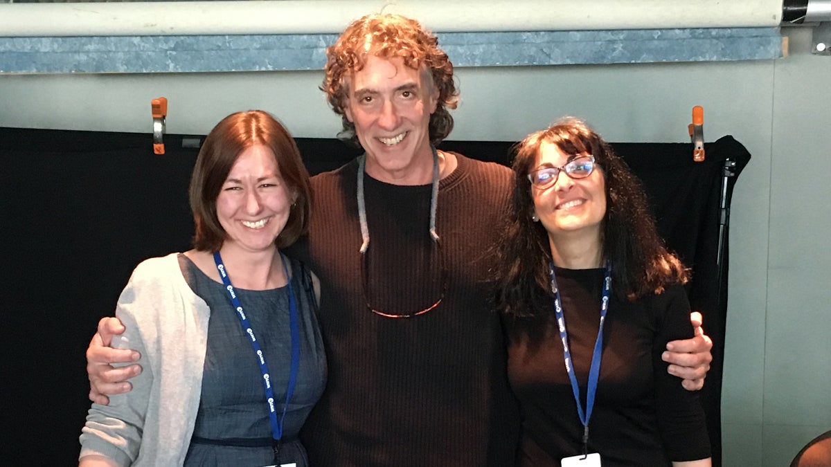  Belinda Haikes and Gaby Heit, curators of Philly Tech Week online art exhibit Out of Frame, pose with NewsWorks Tonight host Dave Heller. (Brett Rader/WHYY) 