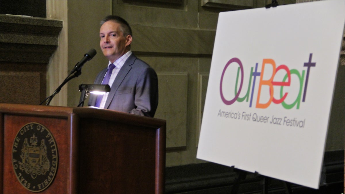  Chris Bartlett, William Way LGBT Community Center executive director, announces that the nation's first gay jazz festival will take place in Philadelphia this September. (Emma Lee/for NewsWorks) 