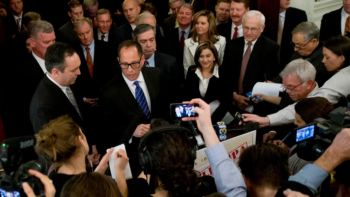 pa_senate_president1200 Pennsylvania Senate President Pro Tempore Joe Scarnati, R-Jefferson County, center left, speaks to members of the media after Gov. Tom Wolf delivered his budget address for the 2015-16 fiscal year. (AP Photo/Matt Rourke)