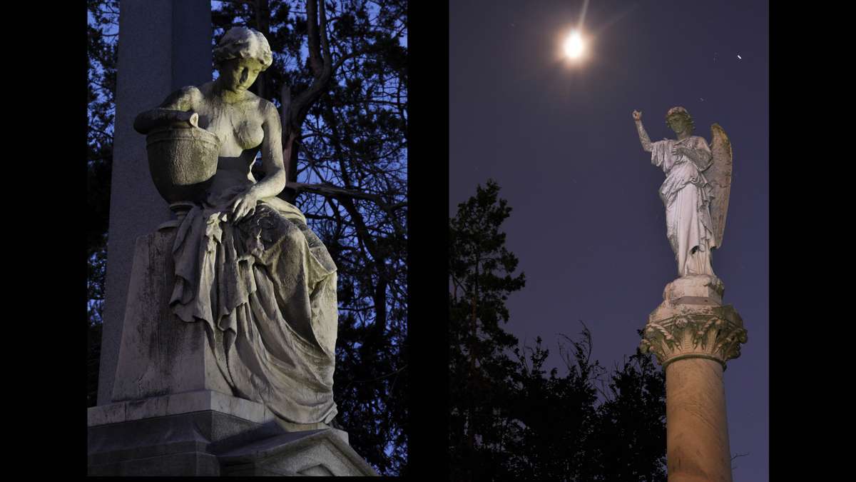Illuminated by painted light are the monuments of the Civil War General Francis E. Patterson (left) and the Clothier Family, right.