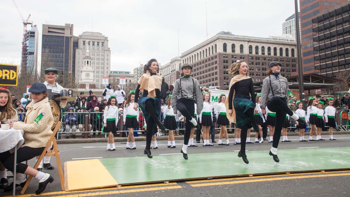 Students from McDade-Cara School of Irish Dance perform a skit during a dance routine at the 2017 Saint Patrick's Day Parade.