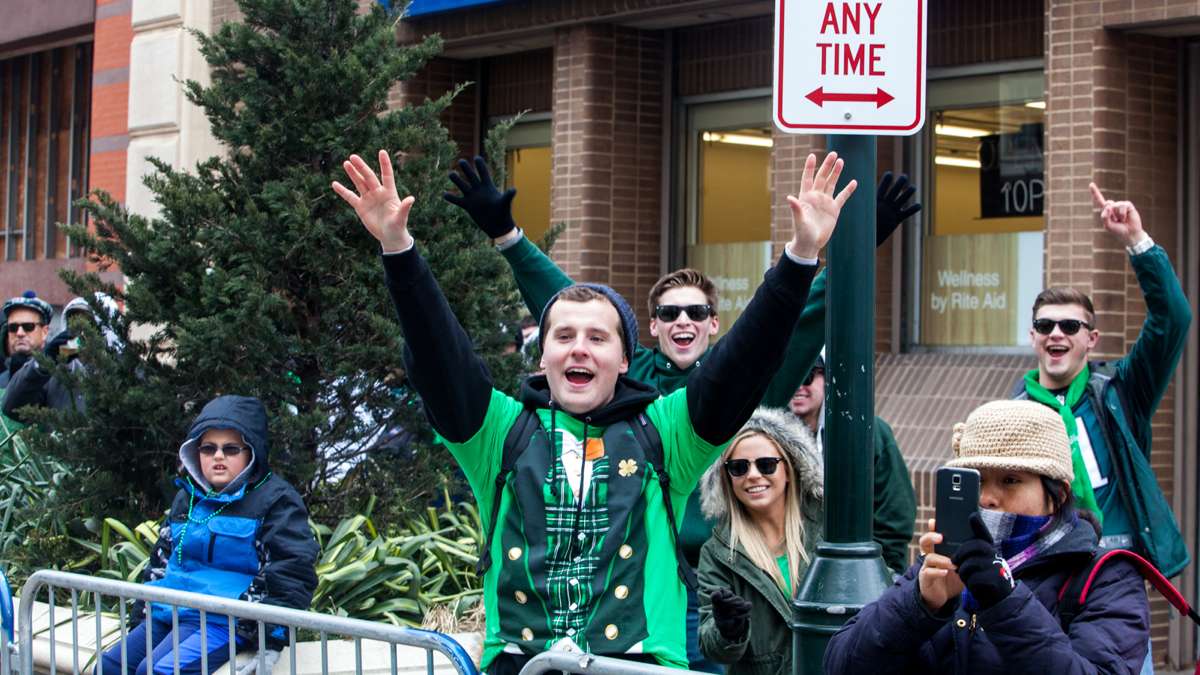 Spectators cheer during the Saint Patrick's Day Parade down Market Street Sunday afternoon.