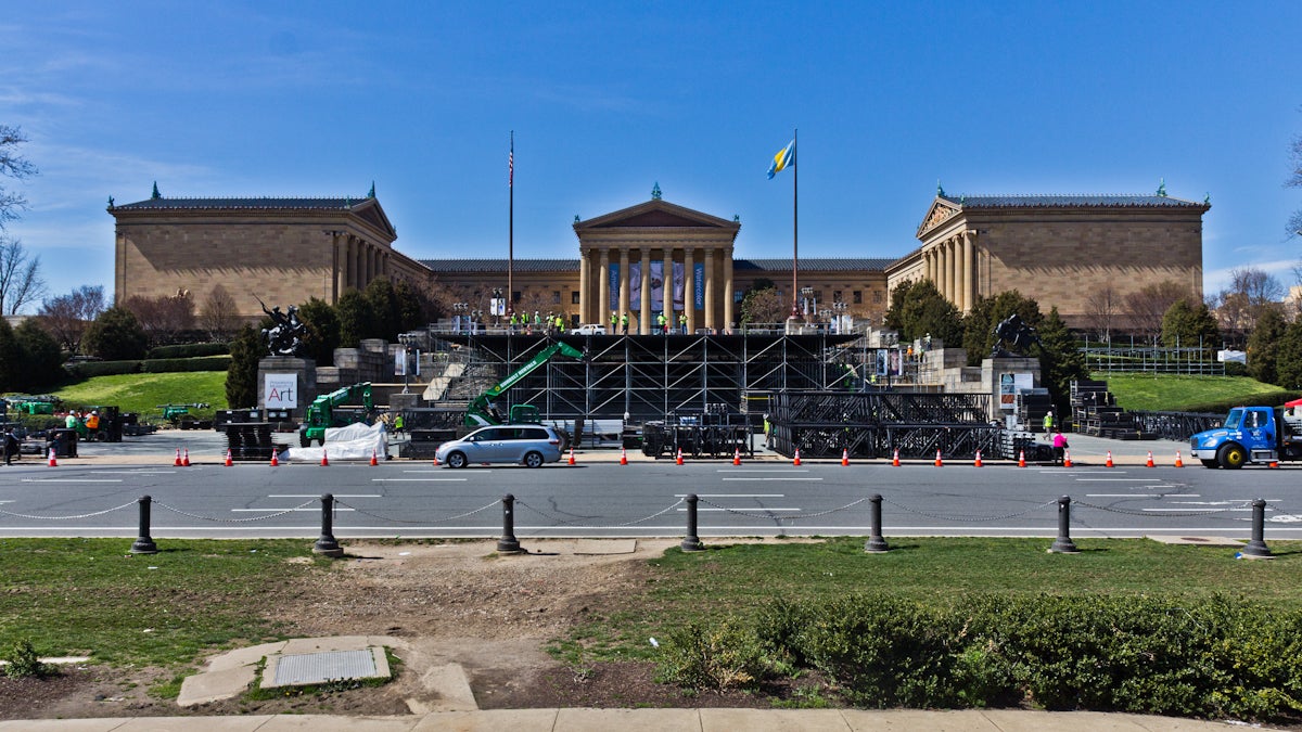  Construction on the Philadelphia Museum of Art began for the NFL Draft, April 27 to 29. (Kimberly Paynter/WHYY) 