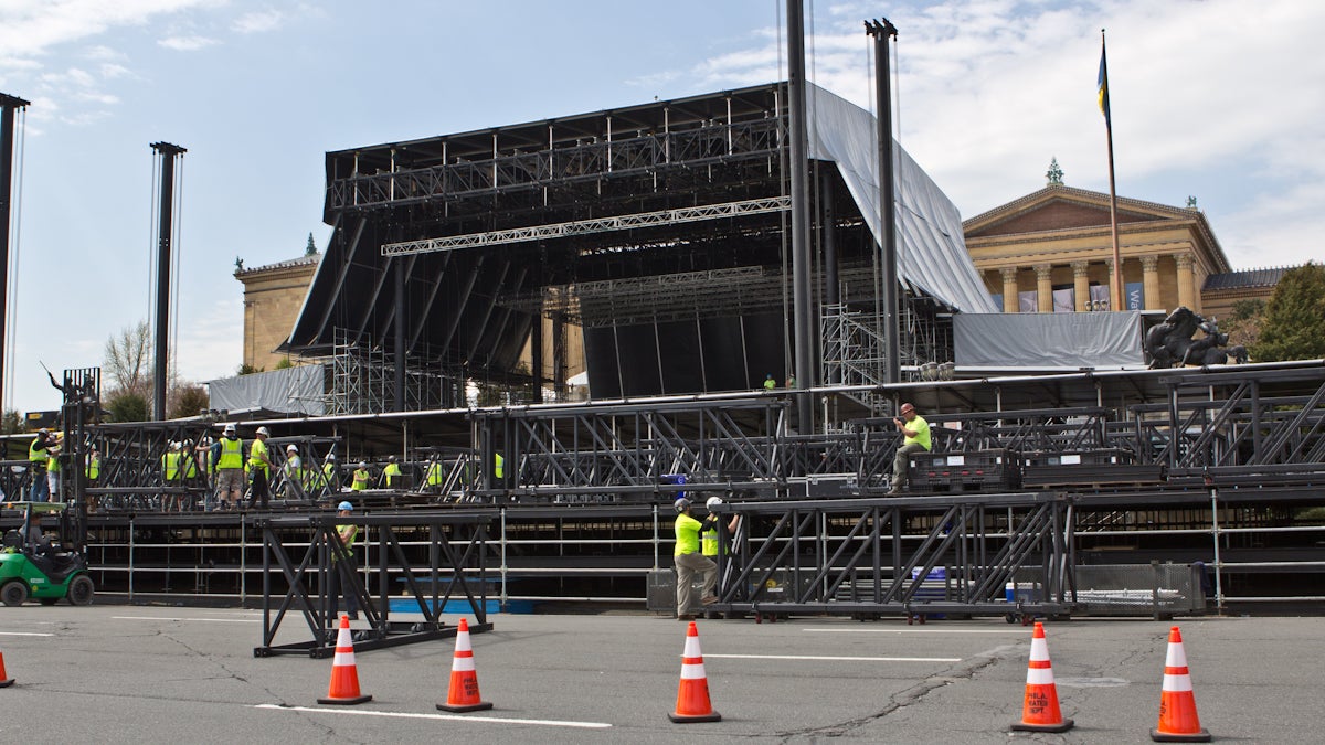  Preparations for the NFL Draft, April 27 to 29, are happening on the steps of the Philadelphia Museum of Art. (Kimberly Paynter/WHYY) 