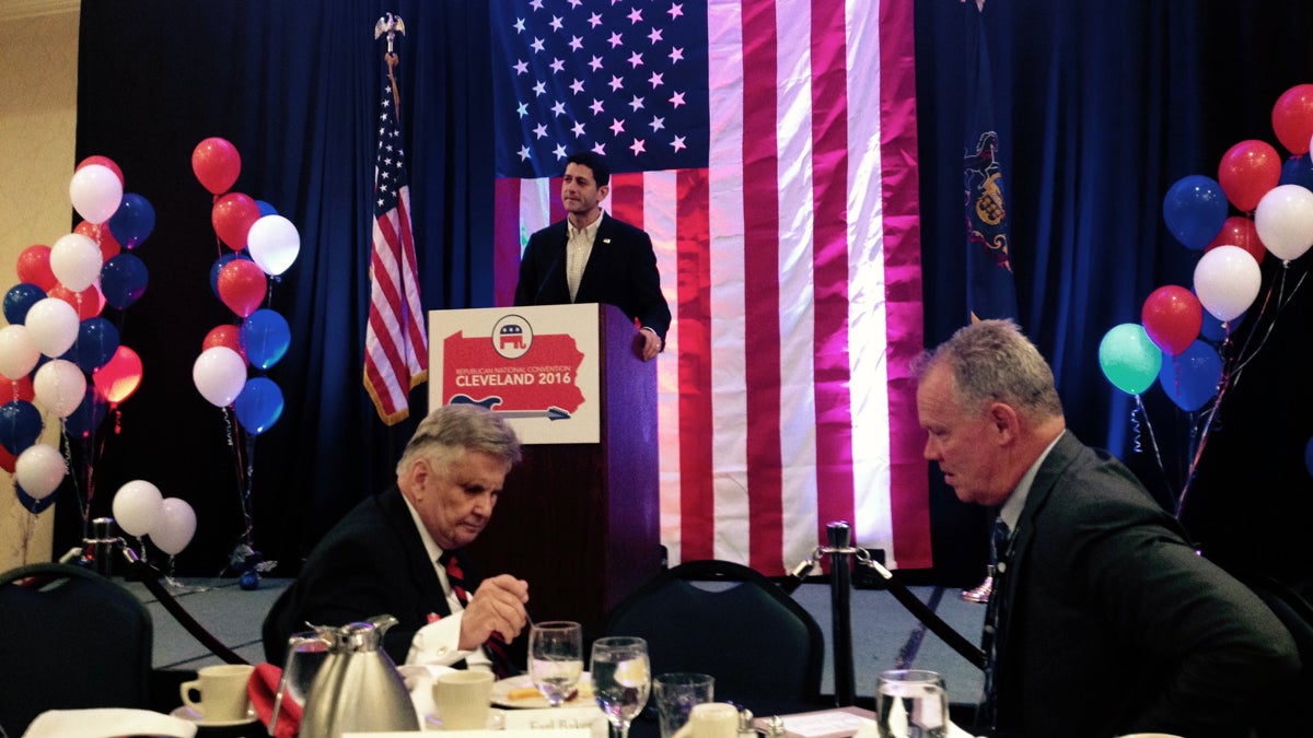  Paul Ryan is shown addressing the Pennsylvania delegation to the Republican National Convention on Monday morning. Seated at right is state House Speaker Mike Turzai. (Dave Davies/WHYY) 