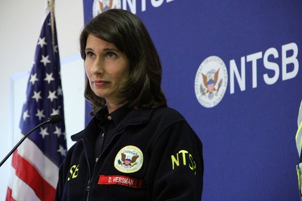 <p>National Transportation Safety Board chairman Deborah Hersman takes questions from the media about the train derailment that caused a hazardous chemical spill in Paulsboro. About 100 residents were forced to leave  their homes. (Emma Lee/for NewsWorks)</p>
