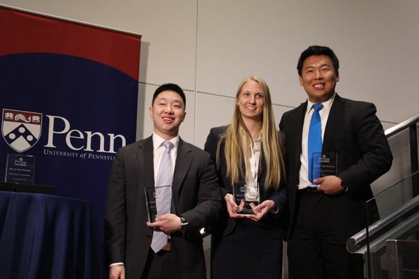 <p>The winners of the Y Prize competition (from left) Andy Wu, Kelsey Duncombe-Smith, and Richard Zhang, presented a plan to use flying robots to detect buried improvised explosive devices (IEDs). (Emma Lee/for NewsWorks)</p>

