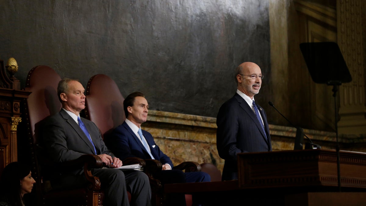  Gov. Tom Wolf (right) delivers his budget address for the 2015-16 fiscal year to a joint session of the Pennsylvania House and Senate on March 3, 2015, in Harrisburg, Pa. Speaker of the House of Representatives, Rep. Mike Turzai, R-Allegheny, is at left, and Lt. Gov. Michael Stack, is at center. (AP Photo/Matt Rourke) 