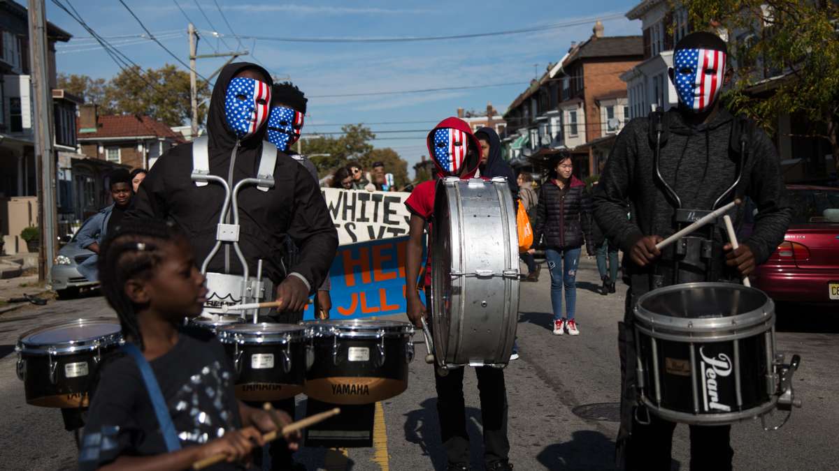 Young people from Extreme Creations in Southwest Philadelphia step into their drum line before the start of the 17th annual Peoplehood parade, October 29th 2016.