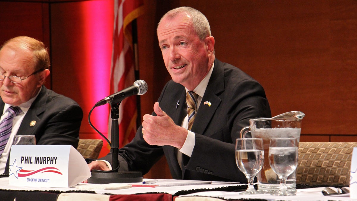  Democratic nominee for governor Phil Murphy makes a point during a debate at Stockton University in New Jersey. (Emma Lee/WHYY) 