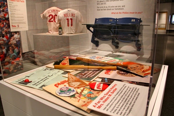 Commemorative  memorabilia from the 1980 Phillies World Series championship on display at the Philadelphia History Museum which will soon shut it's doors to the public (WHYY, file)