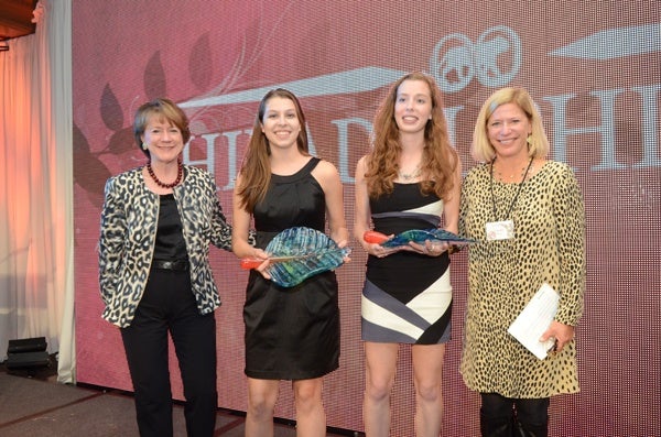 <p><p>Carole Haas Gravagno (left) and Caroline Rogers (right) with Girl Scouts, Rhiannon Tomitshen and Madison Vorva, recipients of the Emerging Conservation Leader Award (Photo courtesy of HughE Dillon)</p></p>
