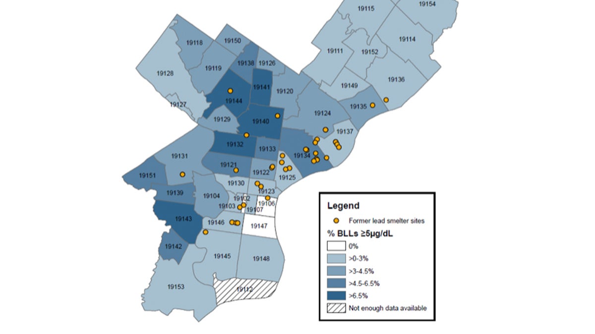  Newly identified children with blood lead levels ≥5 μg/dL and former lead smelter sites, 2016 (City of Philadelphia Office of Property Assessment) 
