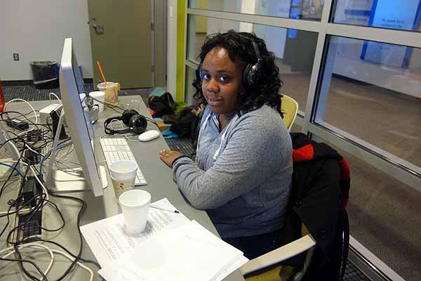 <p><p>Jaya Montague editing her narration tracks at WHYY. (Courtesy of Philly Youth Radio)</p></p>
