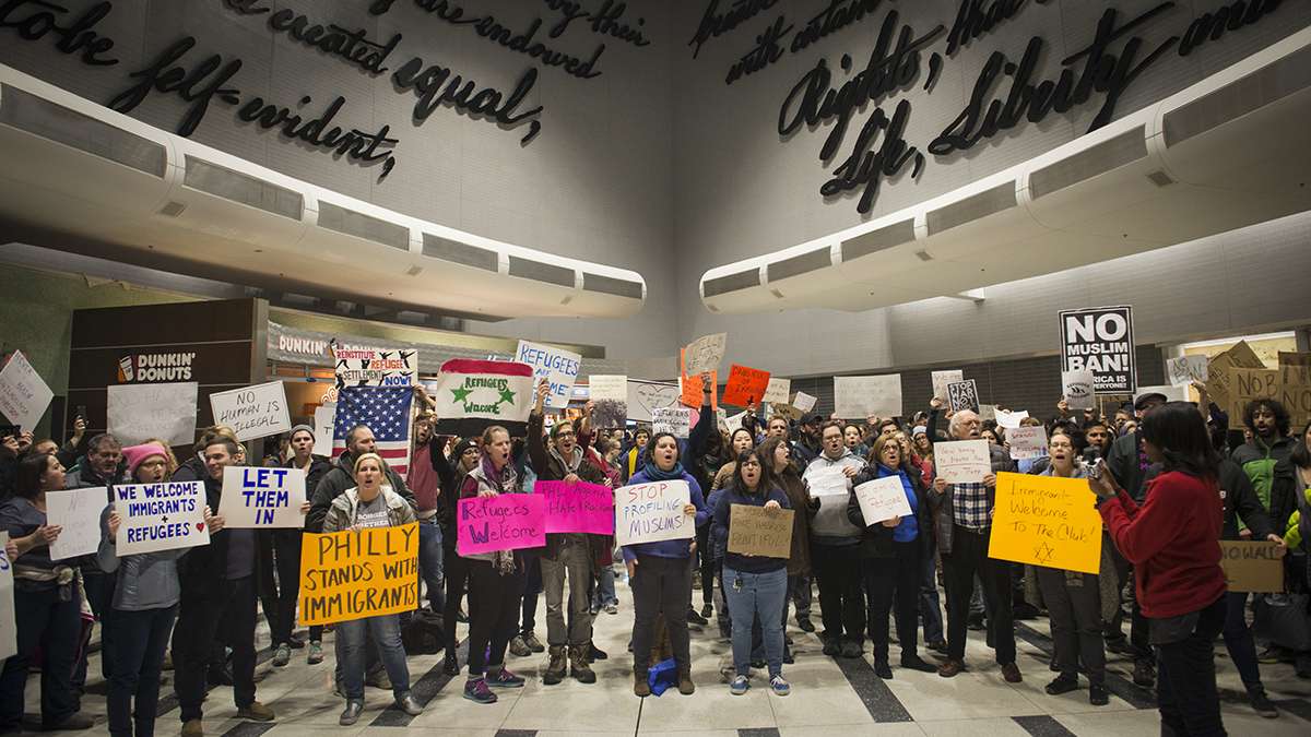 Protesters angered by President Donald Trump’s executive order that prevented refugees, visa and green card holders from entering the US chant pro-immigration slogans at Philadelphia International Airport in January.