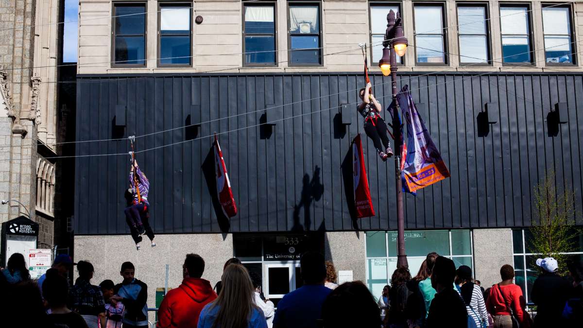 A zip line was set up on Broad and Pine Streets for the 2016 PIFA Street Fair.
