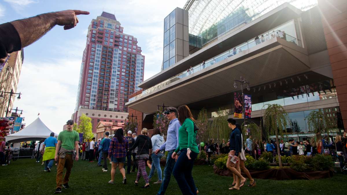 Grass and small artificial ponds were installed on Broad Street in front of the Kimmel Center during the 2016 PIFA Street Fair.