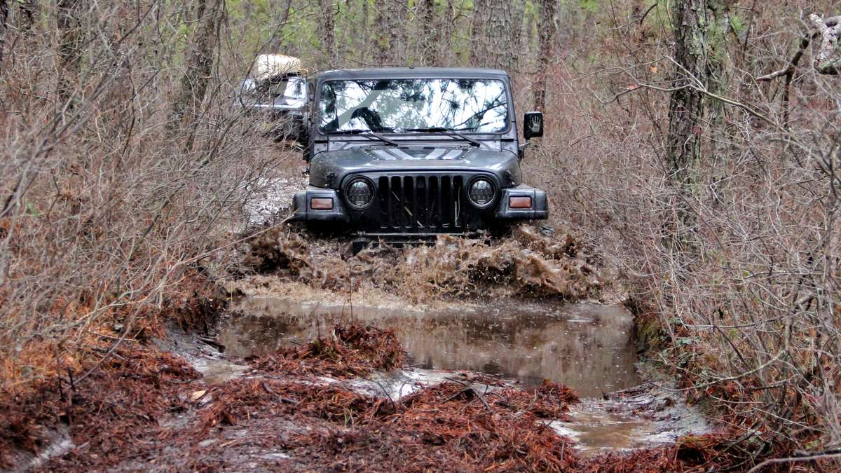  Four-wheel-drive trucks take on a flooded road in Wharton State Forest. (Emma Lee/WHYY) 