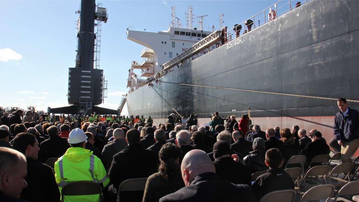 A crowd gathers at the Paulsboro Marine Terminal to welcome the first ship to dock at the new port, carrying a load of steel. (Emma Lee/WHYY)