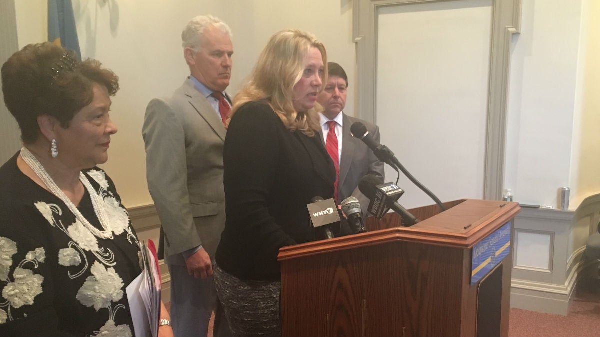  State Rep. Helene Keeley talks about the bill to legalize recreational marijuana joined by State Sen. Margaret Rose Henry, Public Defender Brendan O'Neill and State Rep. Paul Baumbach. (Mark Eichmann/WHYY) 