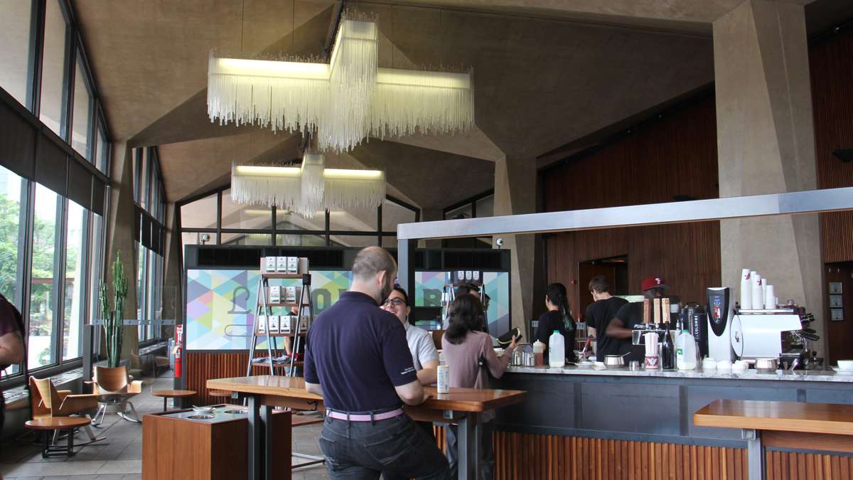 Once the headquarters for the Rohm and Haas chemical company, the building at 100 Independence Mall West still has chandeliers made of Plexiglas, the company's signature product