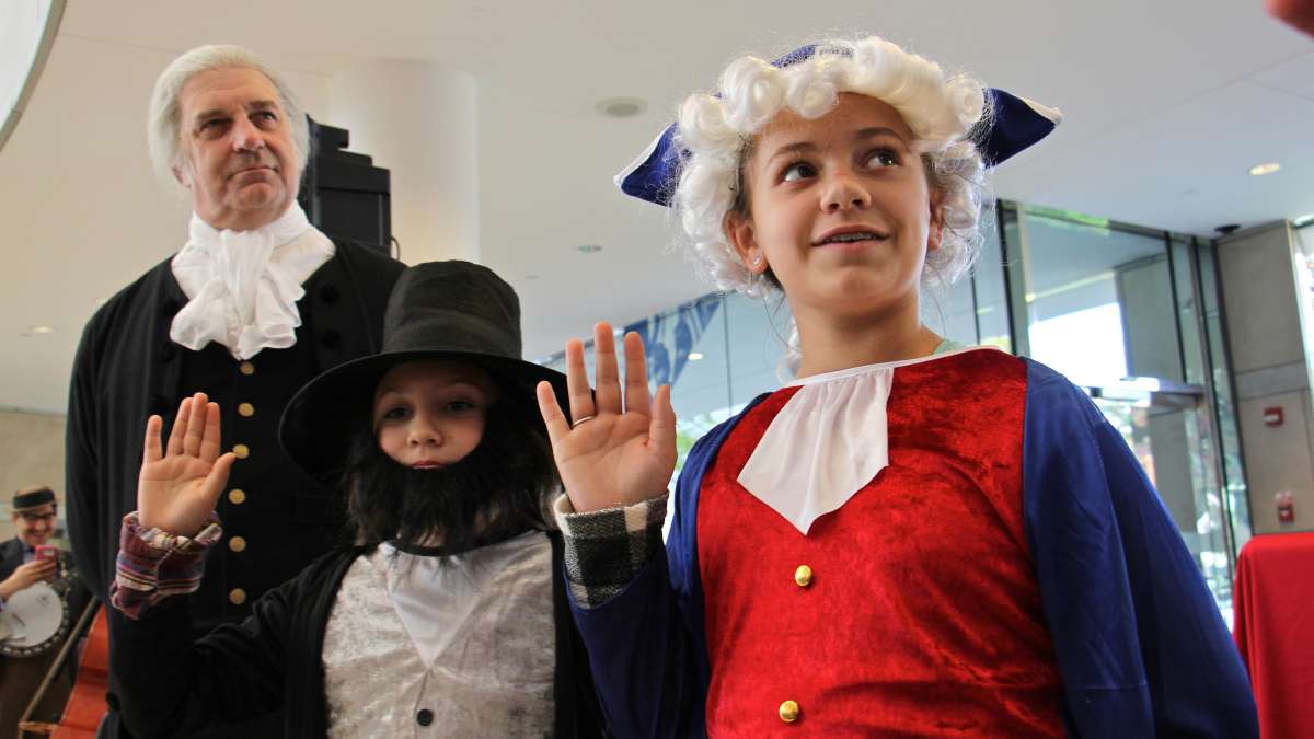 Rylee Decker of Newtown, Pennsylvania, takes the Oath of Office dressed as George Washington.