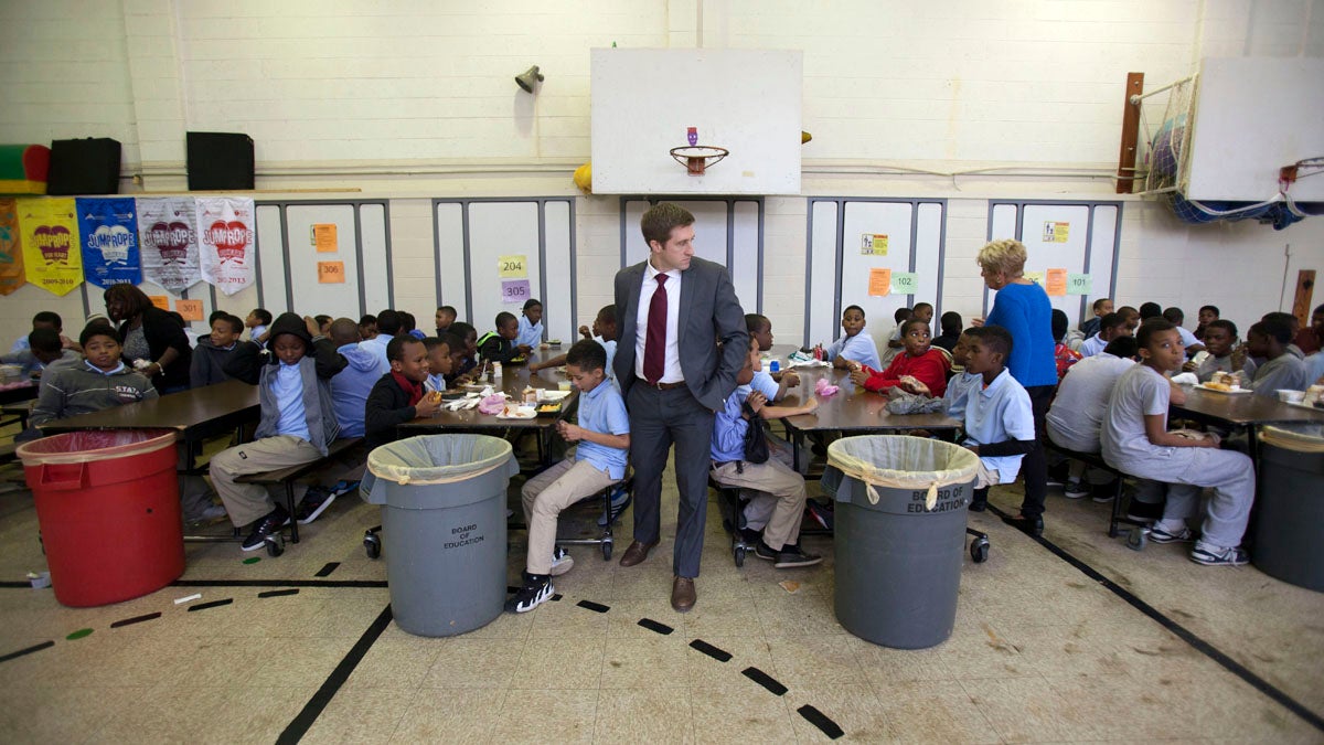  Marc Gosselin, Principal of Anna Lane Lingelbach Elementary School in Philadelphia with students during lunch. (Photograph by Jessica Kourkounis) 