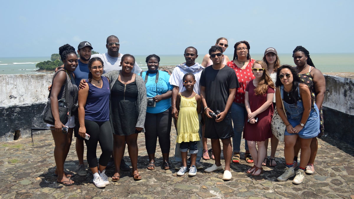  Lehigh University's Ghana Study Abroad group in the summer of 2016 includes Professor James Peterson (fourth from left) and Professor Kwame Essien (center). This photo was taken at Cape Coast Slave Castle. (Miles Davis) 