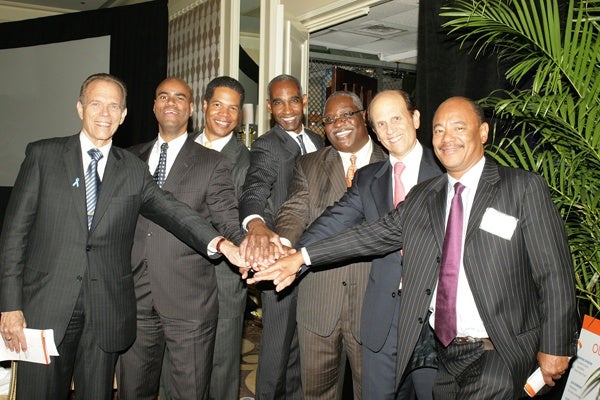 <p><p>Founding event cochair Neal Rodin (left), Thor Booker, Joe Watkins, Ed Covington, Osagie Imasogie, Mike Milken, founder and chair of the Prostate Cancer Foundation, and Kneeland Youngblood (Photo courtesy of Deborah Boardman)</p></p>
