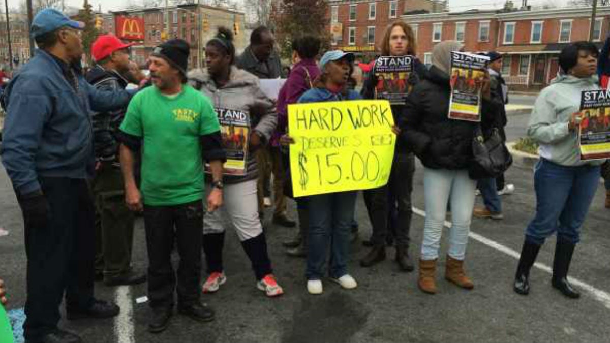 Fast food workers protest in Wilmington for an increase in minimum wage. (File/WHYY) 