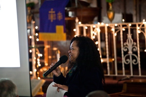 <p><p>Rylanda Wilson, of the PHA, makes opening remarks at Thursday night's community meeting at Mt. Moriah Baptist Church in Germantown. (Brad Larrison/for NewsWorks)</p></p>
