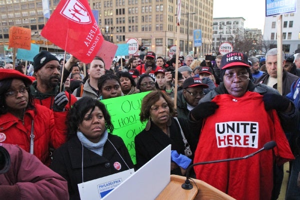 <p><p>Community members were invited to the podium to share their concerns about the future of Philadelphia public schools at a rally on the steps of the school district building Thursday. (Kimberly Paynter/WHYY)</p></p>

