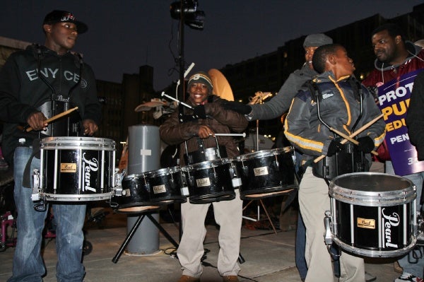 <p><p>Drummers Anthony Dandridge, 17, Strawberry Mansion H.S., Shemar Bates, 11, and Tyreses Wilks, 12, Duckrey Elementary, put a beat behind the crowds chanting. (Kimberly Paynter/WHYY)</p></p>
