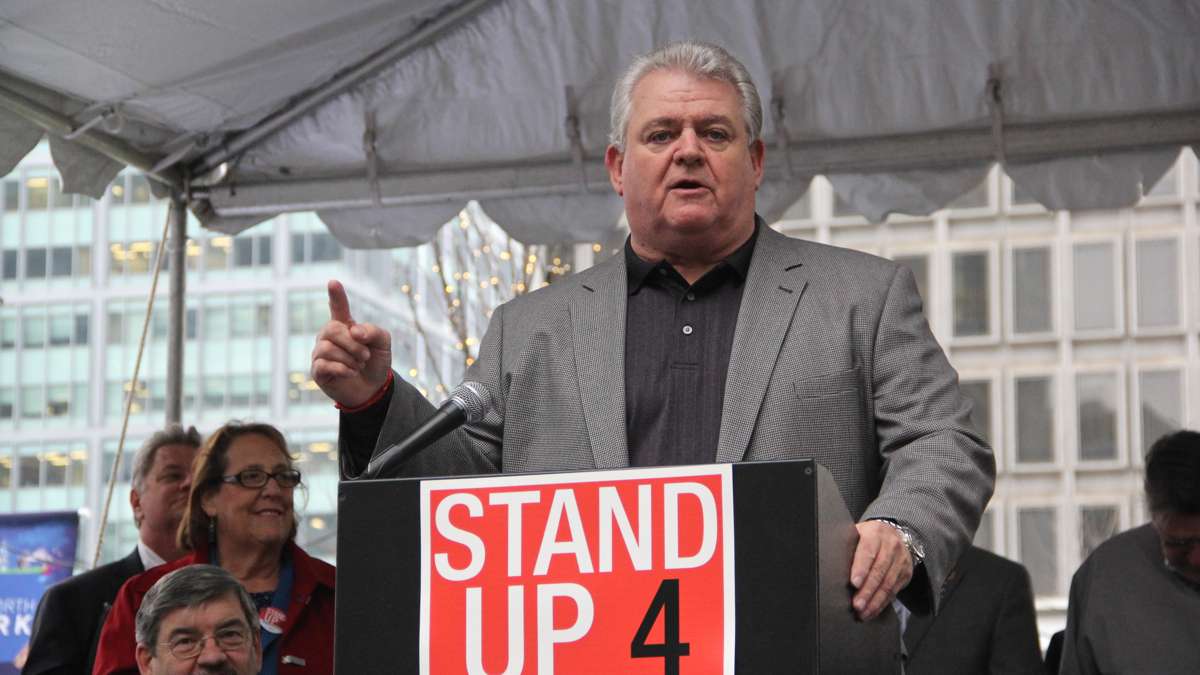 U.S. Rep. Robert A. Brady speaks at a rally on Dilworth Plaza urging federal funding for transportation infrastructure improvements. (Emma Lee/WHYY)