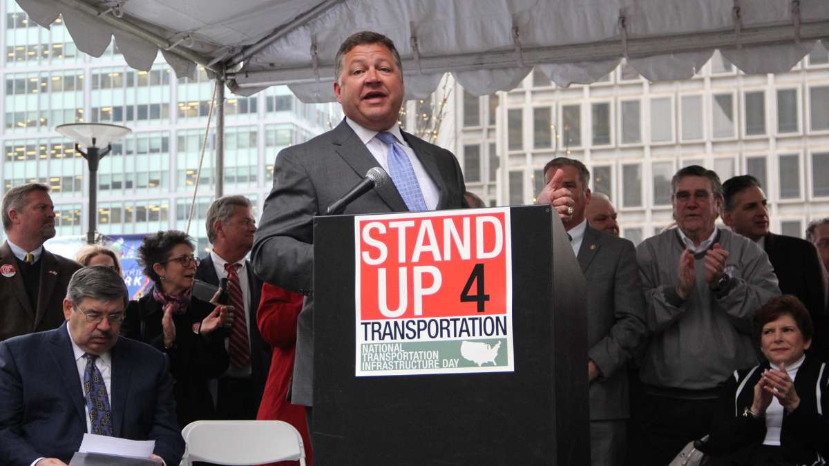U.S. Rep Bill Shuster, chairman of the House Transportation and Infrastructure Committee, speaks at a rally on Dilworth Plaza urging federal funding for transportation infrastructure improvements. (Emma Lee/WHYY)