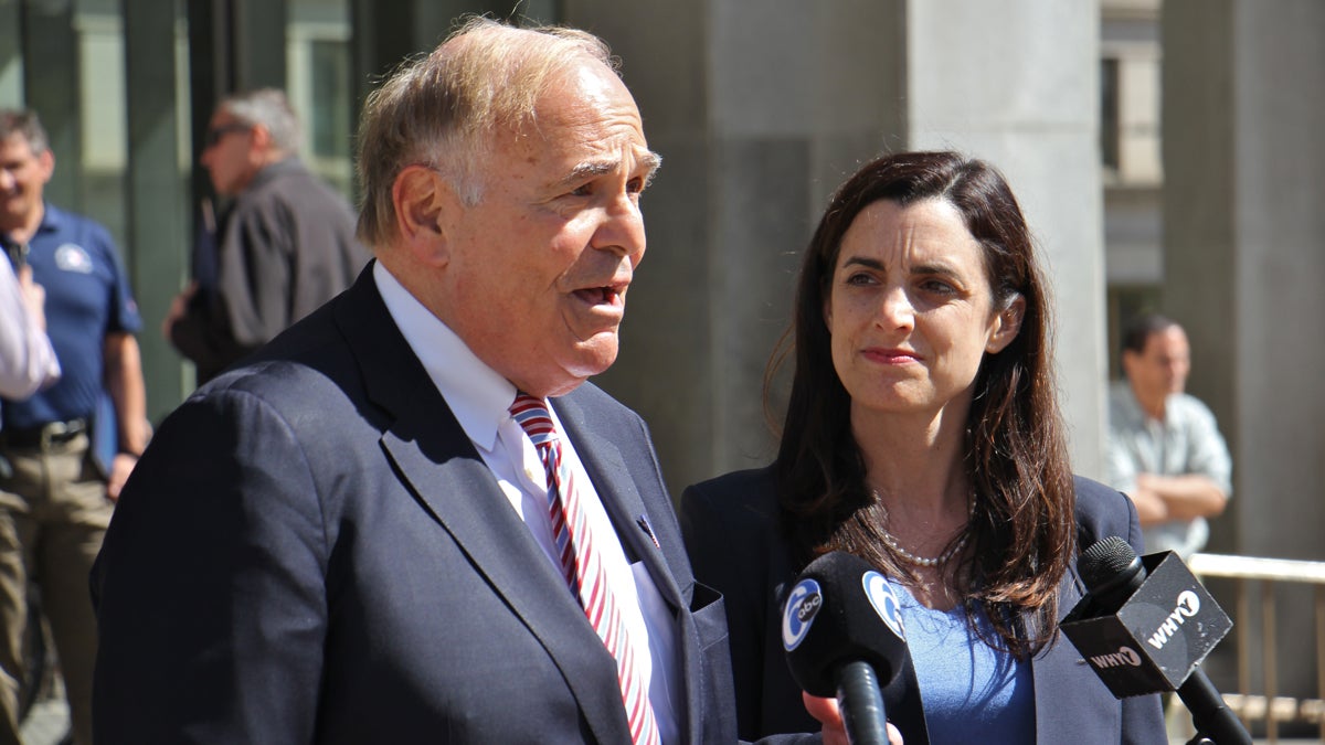  Former Pennsylvania Gov. Ed Rendell endorses Rebecca Rhynhart in the for Philadelphia city controller race during a press conference in front of the Municipal Services Building in Center City. (Emma Lee/WHYY) 