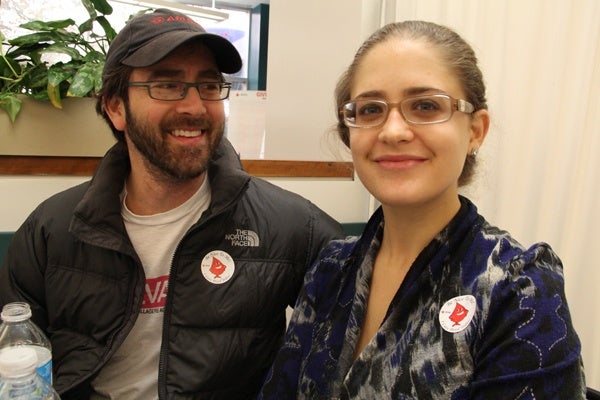 <p>Ari Barkan and Julia Murphy of Philadelphia both gave blood to help replenish the supply after Hurricane Sandy. (Emma Lee/for NewsWorks)</p>
