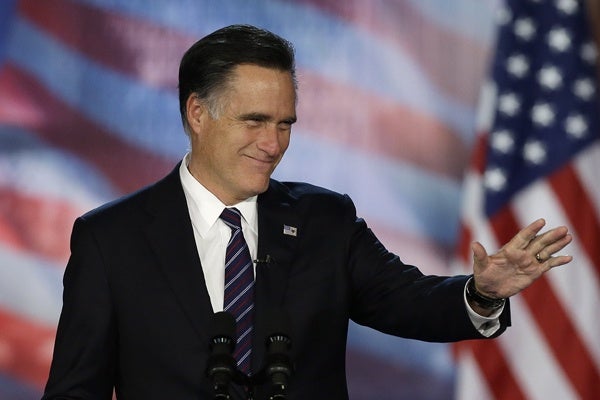 <p>Republican presidential candidate and former Massachusetts Gov. Mitt Romney arrives to his election night rally, Wednesday, Nov. 7, 2012, in Boston. President Obama defeated Republican challenger former Massachusetts Gov. Mitt Romney. (AP Photo/David Goldman)</p>
